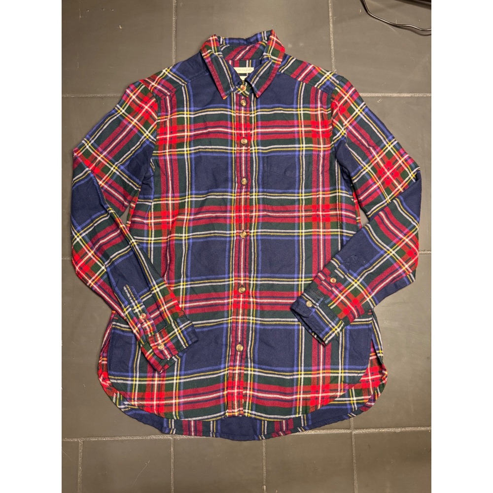 American Eagle Boyfriend Fit Flannel Shirt Navy Red Plaid‎ Button Down XS Soft